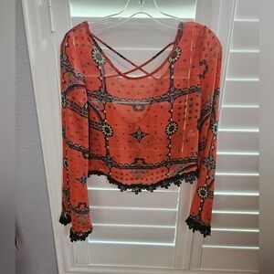 Bohemian Orange Women's Top with Black Lace Trim Size Small